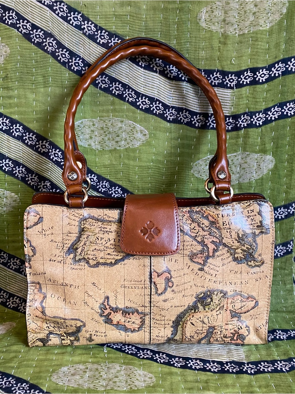 Patricia Nash Tan/ Chestnut Leather Rienzo Vintage European Map Satchel Luxury